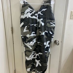 Black, white, grey camo loose fitting pants, high waisted, adjustable